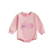 aturustex Baby Easter Costume for Infant Girl Birthday Romper 0 3M 6M 12M 18M Newborn Long Sleeve Sweatshirts Bodysuit Round Neck Jumpsuits Bunny Lettse Cute Casual Daily Spring Fall Outfits